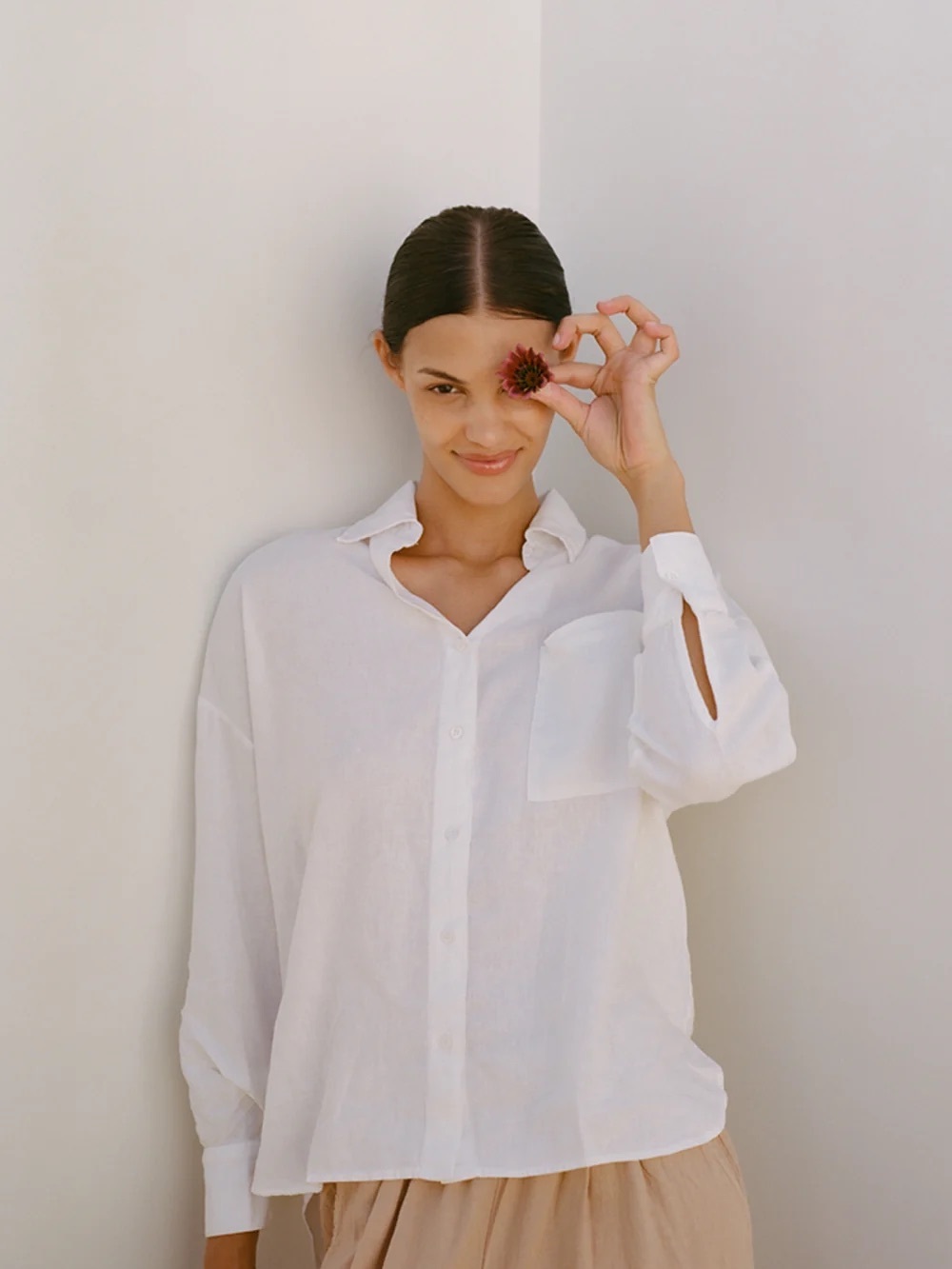 STATESIDE Linen Oversized Button Down Shirt White Long Sleeve Pocket S Coastal - Picture 7 of 8